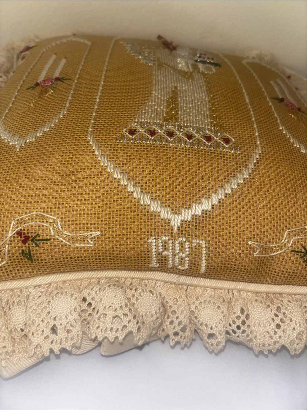 Vintage needlepoint lace and satin Noel pillow